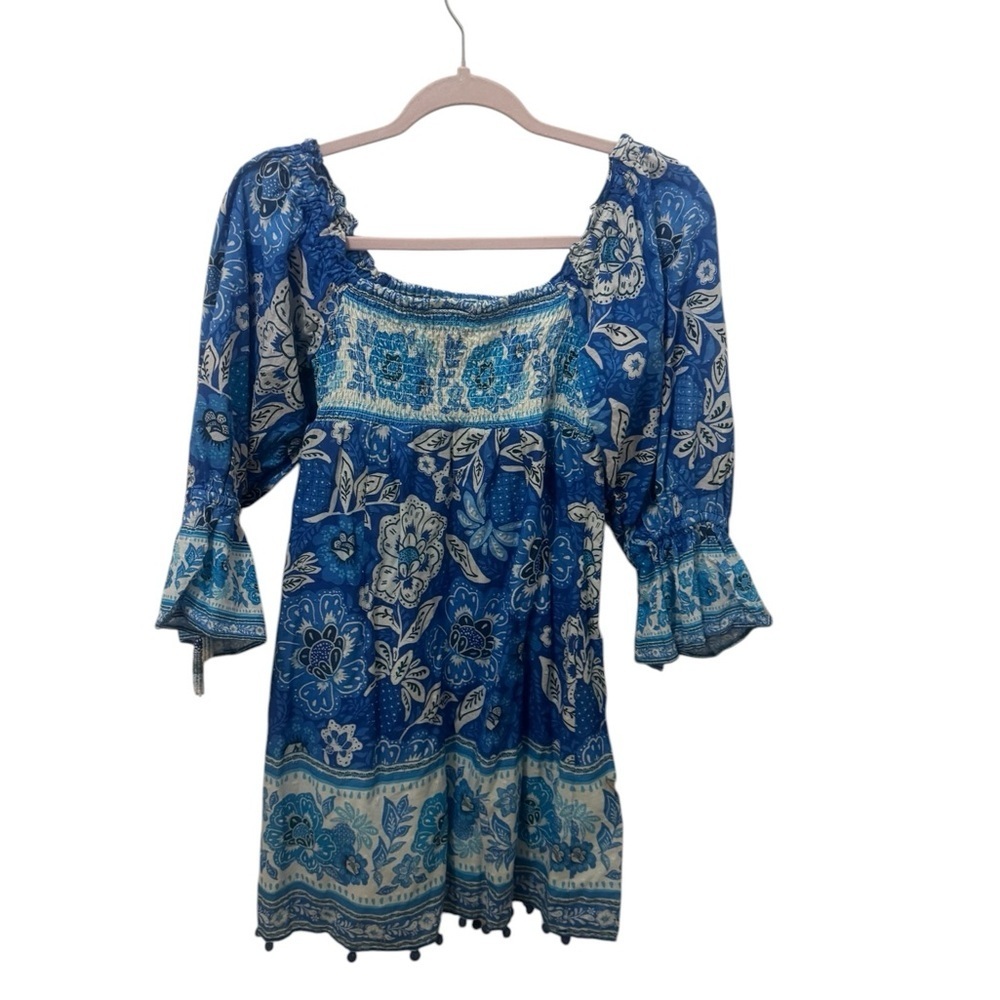 Farm Rio Blue Full of Flowers Smocked Tassel Mini Dress Size XS - Picture 3 of 5